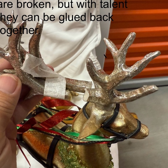 Holiday Red Sleigh with Gold Detailing with 2 reindeer with glittered wreaths - Picture 9 of 10